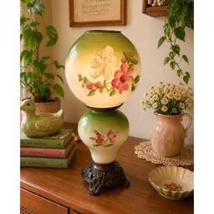 Antique Victorian Hand Painted Gone With The Wind Parlor Glass Lamp Floral 22"